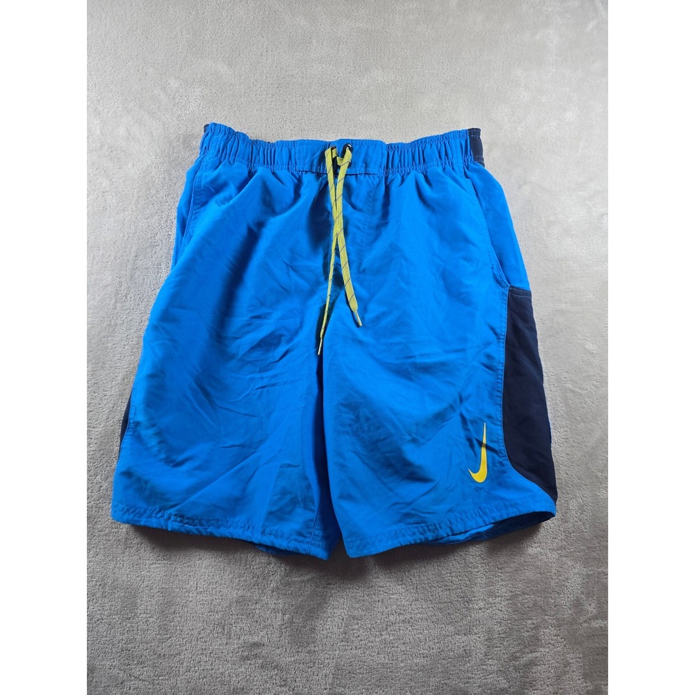 Nike Swim Shorts Mens Medium Blue Swoosh Drawstring Mesh Lined Pockets Athletic